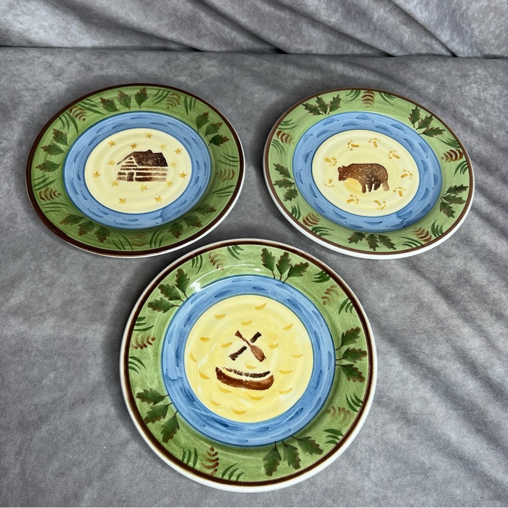 Timberland Bella Ceramica 8.5” Salad Plates Set of 3 Bear Canoe Cabin Rustic